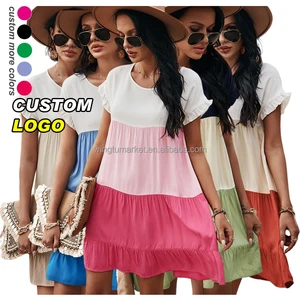Custom Women Dresses Ladies Elegant Fashion Ruffled Round Neck Printing Color Block Summer Tiered Short One Piece Dress