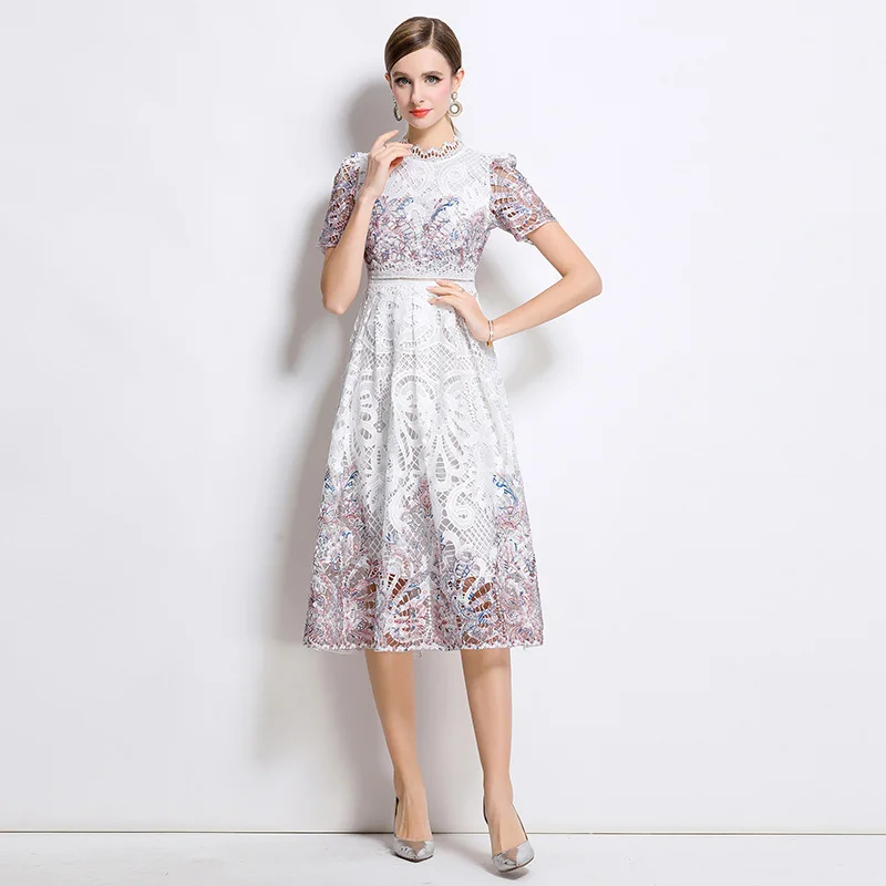 Droma in Stock 2025 Summer Elegant Hollow a Line Dresses Beautiful Lace Evening Fashion White Dress for Women