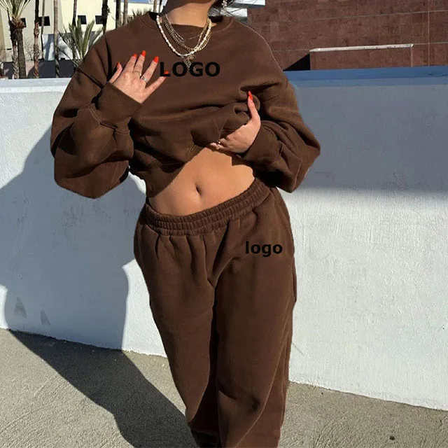 Custom Tracksuit Embroidery Logo Cotton Crewneck Sweatsuit 320 gsm 100% Cotton Women Heavy Plush Sweat Suits