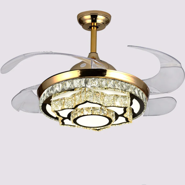 42 inch Crystal Chandelier Ceiling Fan with Light and Remote Control/Silent Retractable Blades Fans Lighting with 3 Lights Leve