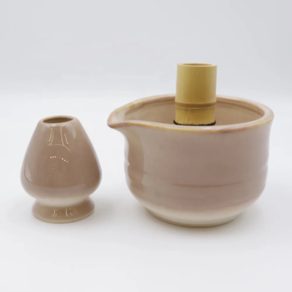 Custom Matcha Tool Kit Stirrer Whisk Whip Holder and Bowl with Spout Light Brown Flambed Kiln Glazed Milk Tea Ceramic Matcha Set