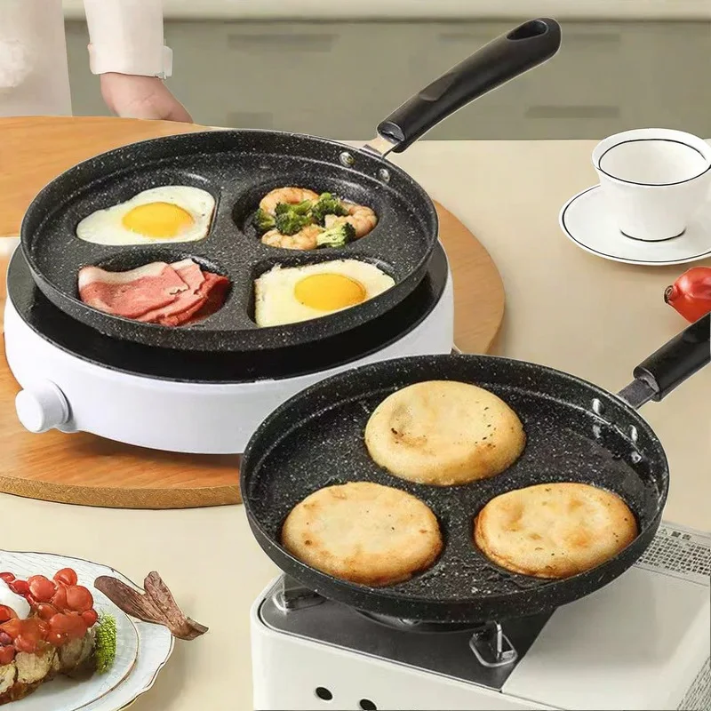 Upgrade 4-Cup Omelette Pan Cast Iron Non-Stick Medical Stone Coating Versatile Kitchen Breakfast Skillet Egg Pancakes Cooking