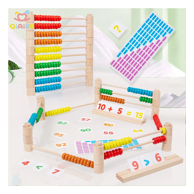 Educational Preschool Math Learning Toy 10-Row Wooden Frame Abacus with Multi-Color Beads