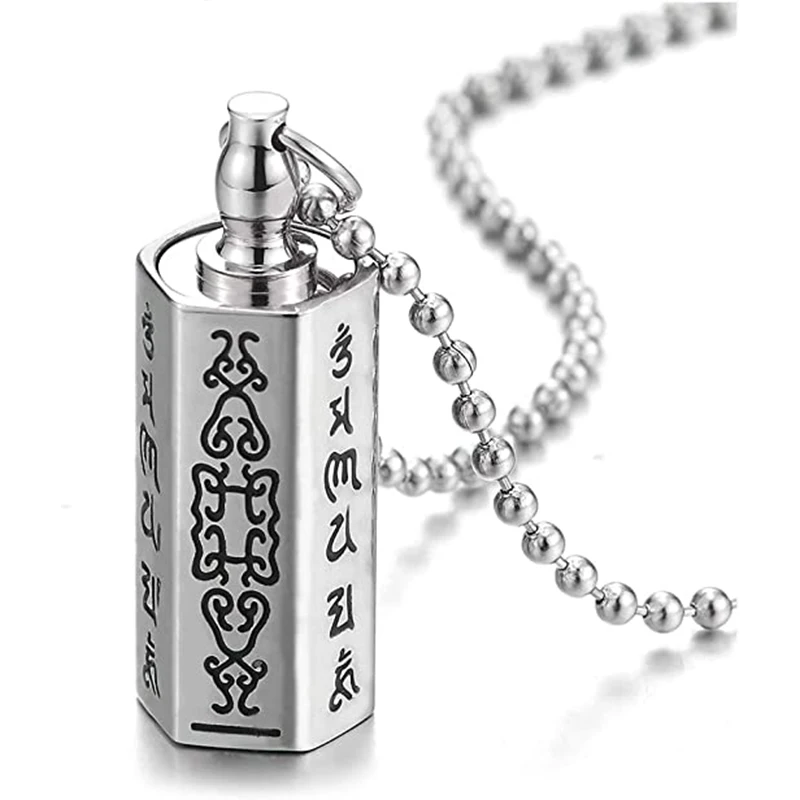 Stainless Steel Hexagon Pendant Necklace Cremation Urn Pill Box Memorial Hold Ashes Stash Locket Tibetan Jewelry for Men Women