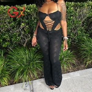 GX25105 Fashion 2026 Clothing Boutique Sexy See Through Night Club Wear Women Sleeveless Halter Backless Jumpsuit