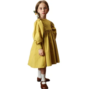 Loose Design Yellow Woven Bow Solid Spring Eco-Friendly A-Line Silhouette Puff Sleeves Dress for Girls 3-14 Years