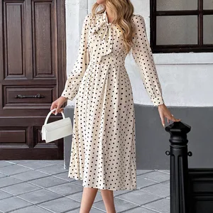 Autumn Polka Dot Print Casual A-Line Flared Midi Dress White Black Polka Dot Long Sleeve Crocheted Neck Shirred High Waist