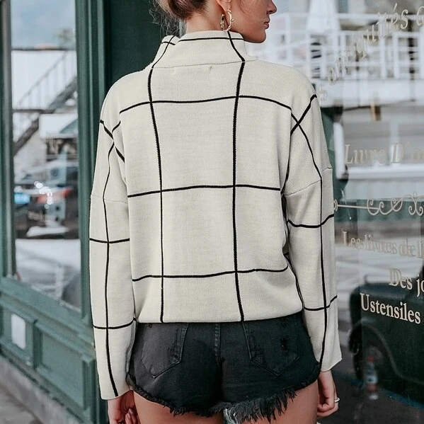 Simplee Grid Women High Neck Winter Oversized Jumper Knitwear Sweaters Pullovers