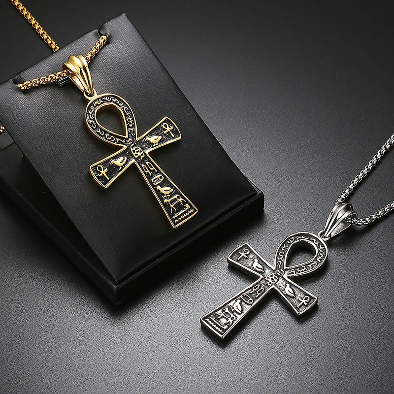 MECYLIFE Ancient Letters African Life Symbol Ankh Pendant Stainless Steel Vintage Hiphop Ankh Cross Necklace