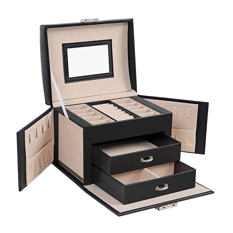 Hot sale leather jewelry box in black small travel jewellery case with 2 drawers mirror organizer
