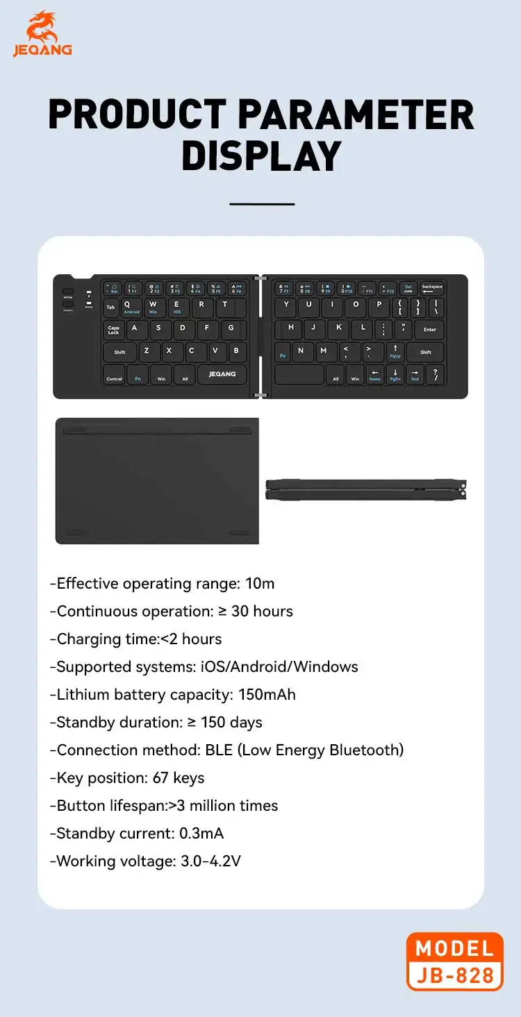 Jeqang JB-828 BT Ultra-Thin Folding Keyboard 2-Fold Design for Table and Laptop Use New Product