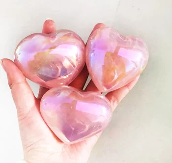 newest Wholesale natural angel aura electroplating heart shaped pink rose quartz crystal gemstone for healing stones