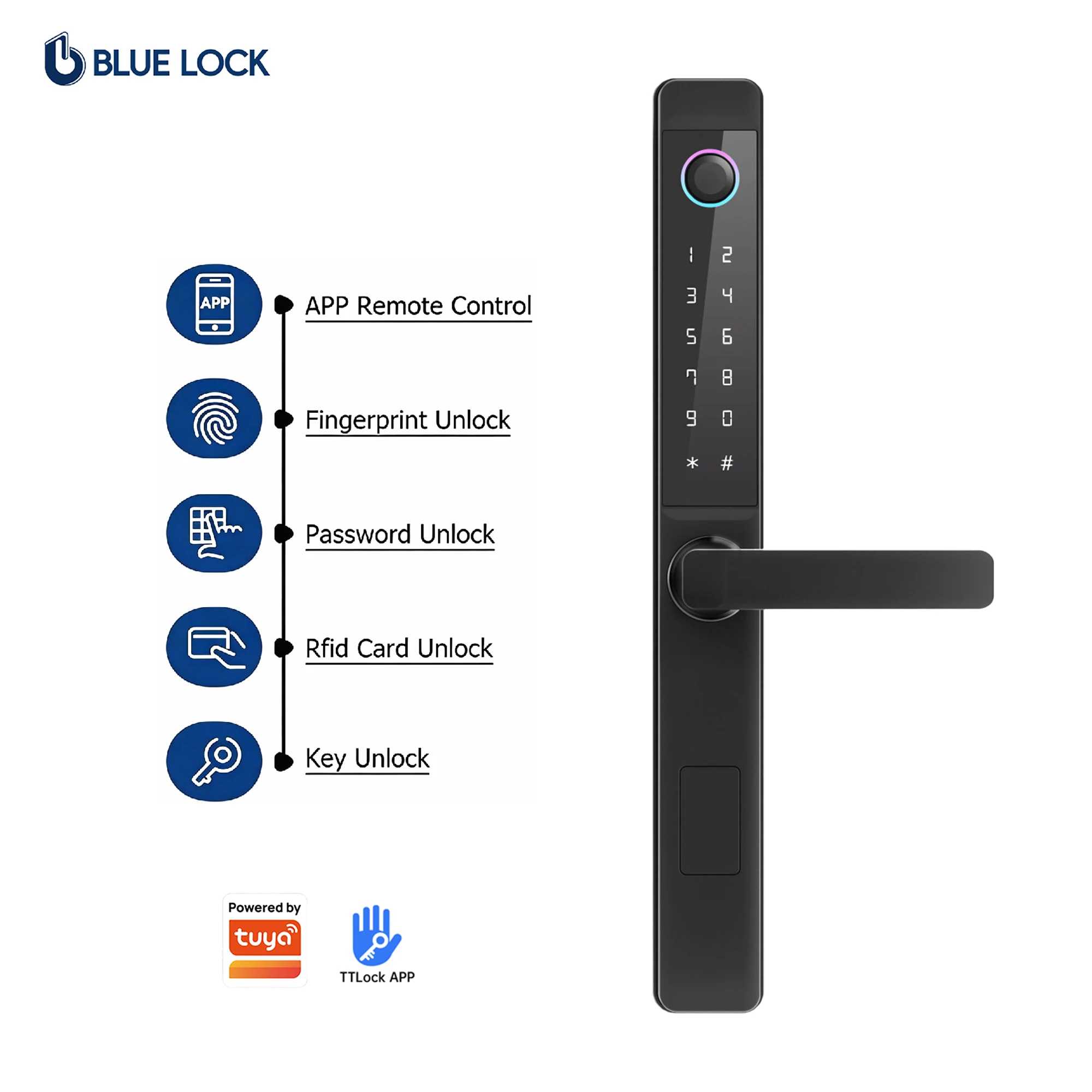 Bluelock Double-sided Wifi Remote Control TTLock Fingerprint Ultra-slim Tuya Digital Slim Smart Lock Tuya Unlock Keyless Entry