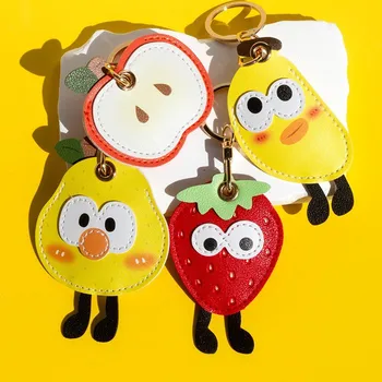 Creative Small Gift Cute Cartoon Fruit Access Card Holder Keychain Big Eyes Leather Pendant for Bag Small Creative Accessory