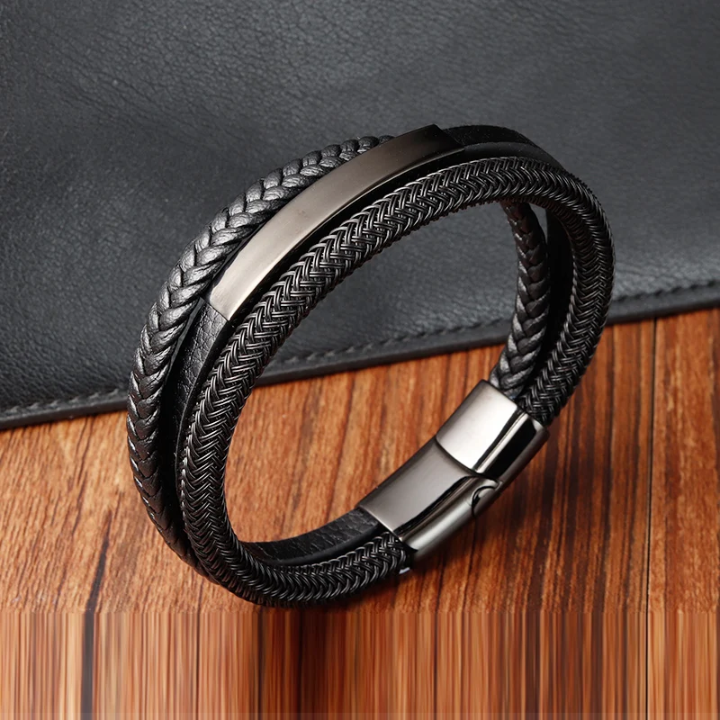 Jewellbox Men's Braided Leather Bracelet - Black, Stainless Steel Magnetic Clasp, 21cm (8.2") - View #3