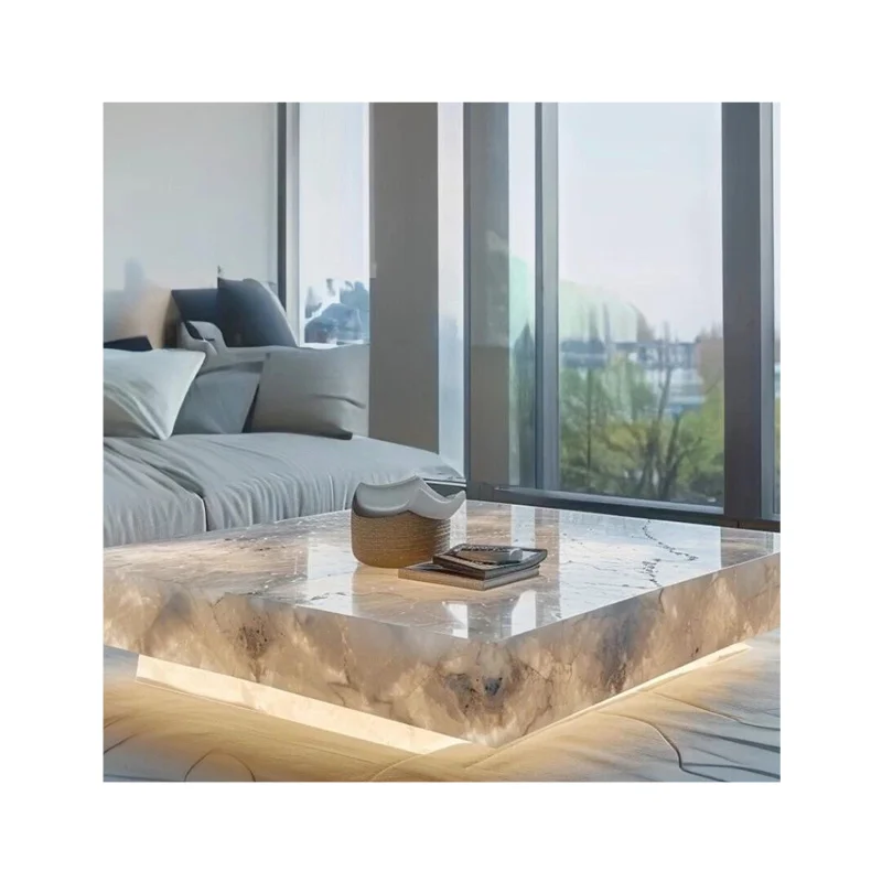 Poleret Blå Onyx Sofabord uden Skuffe, Euphotic Rektangulær Natursten, 1000 × 1000 × 380 mm eller Tilpasset Størrelse, Moderne Marmor