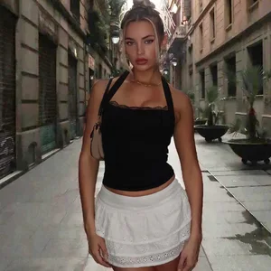 Summer Lace Trim Halter Lace up Tops Club Party Outfits Hot Sexy Backless Y2K Cropped Top Vest Coquette Clothes 3290