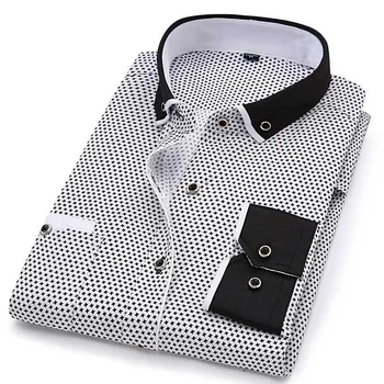 Fashion Long Sleeve Printed Slim Fit Business Dress Shirts For Men Black And White Contrast Man Button Down Shirt