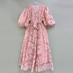 AELESEEN Fashion Designer Loose Dtrss Women New Elegant V-Neck Puff Sleeve Jacquard Casual Flower Embroidery Belt Midi Party