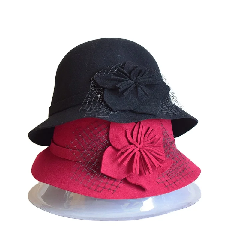 Ladies Red Fashion Wool Bowler Hat