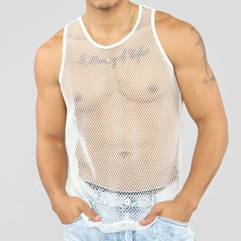 Custom mens see through mesh sleeveless t-shirt muscle tee tops workout underwear vest mesh sleeveless fish net tank tops