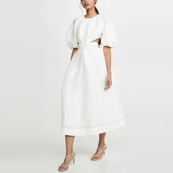 2021 Custom long dress plain Summer Women elegant casual dresses Lady Sides Hollow out & lace-up back O-Neck linen dress
