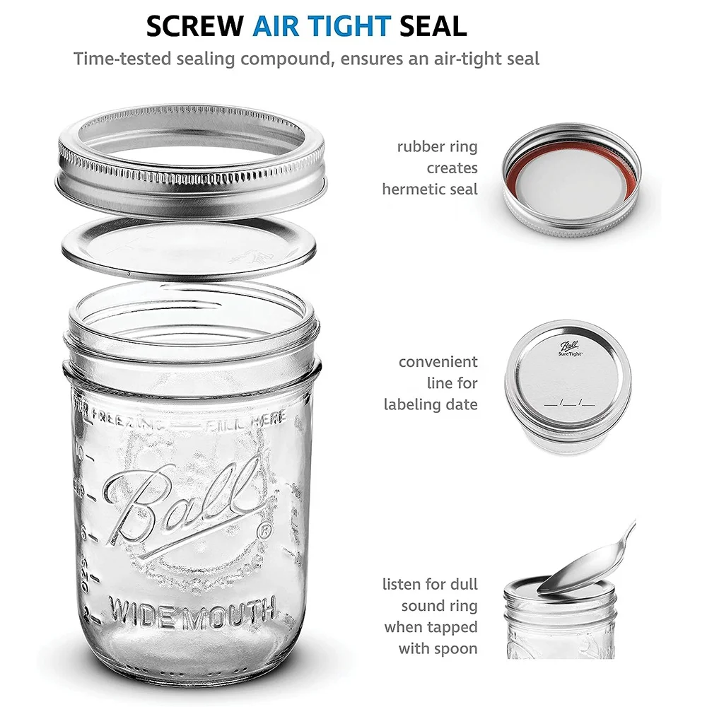 Wide Mouth Glass Jars With Lids Custom Freeze/dishwasher Safe Mason Jar