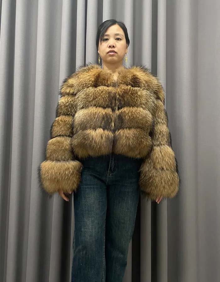 Winter Women's Warm Real Fur Coat Short Casual Long Sleeve Natural Color Raccoon Fur Coat_voghion.com
