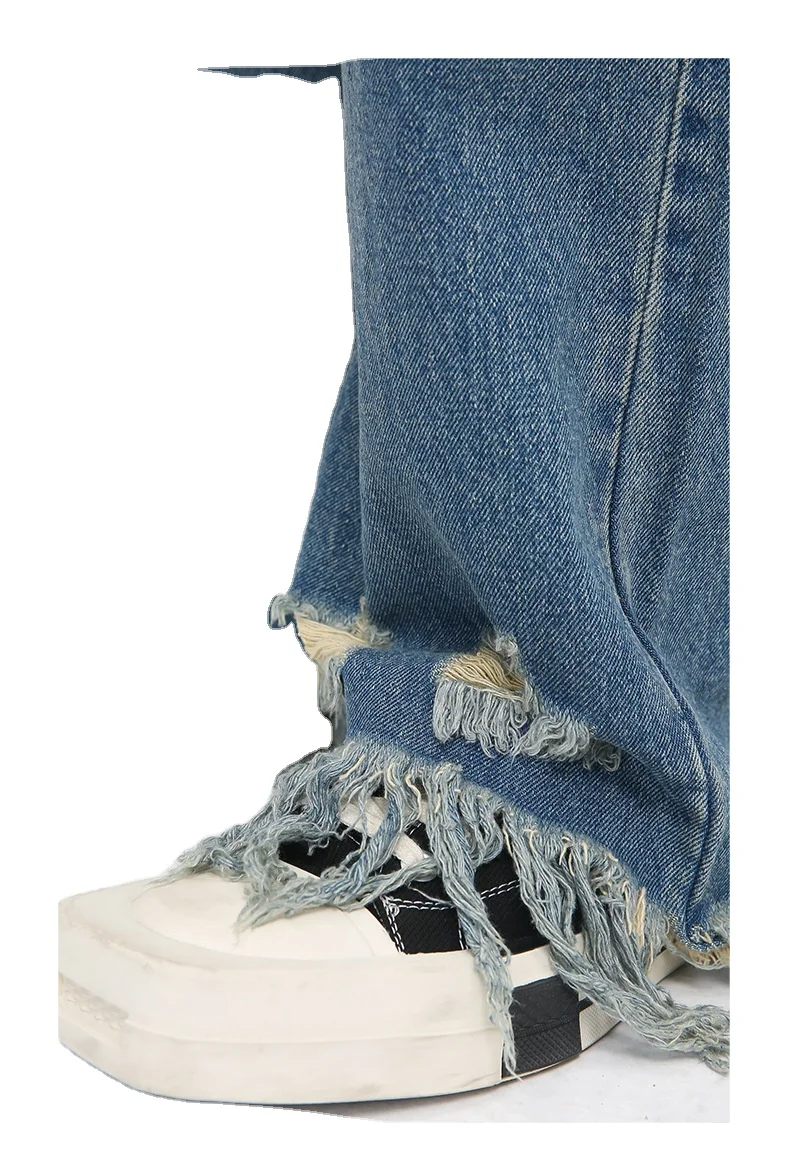 Custom Men 2023 Spring Ins Style Raw Edge Hole Ripped Bottom Loose Straight Jeans Male Boys Fashion Jeans Pant Design