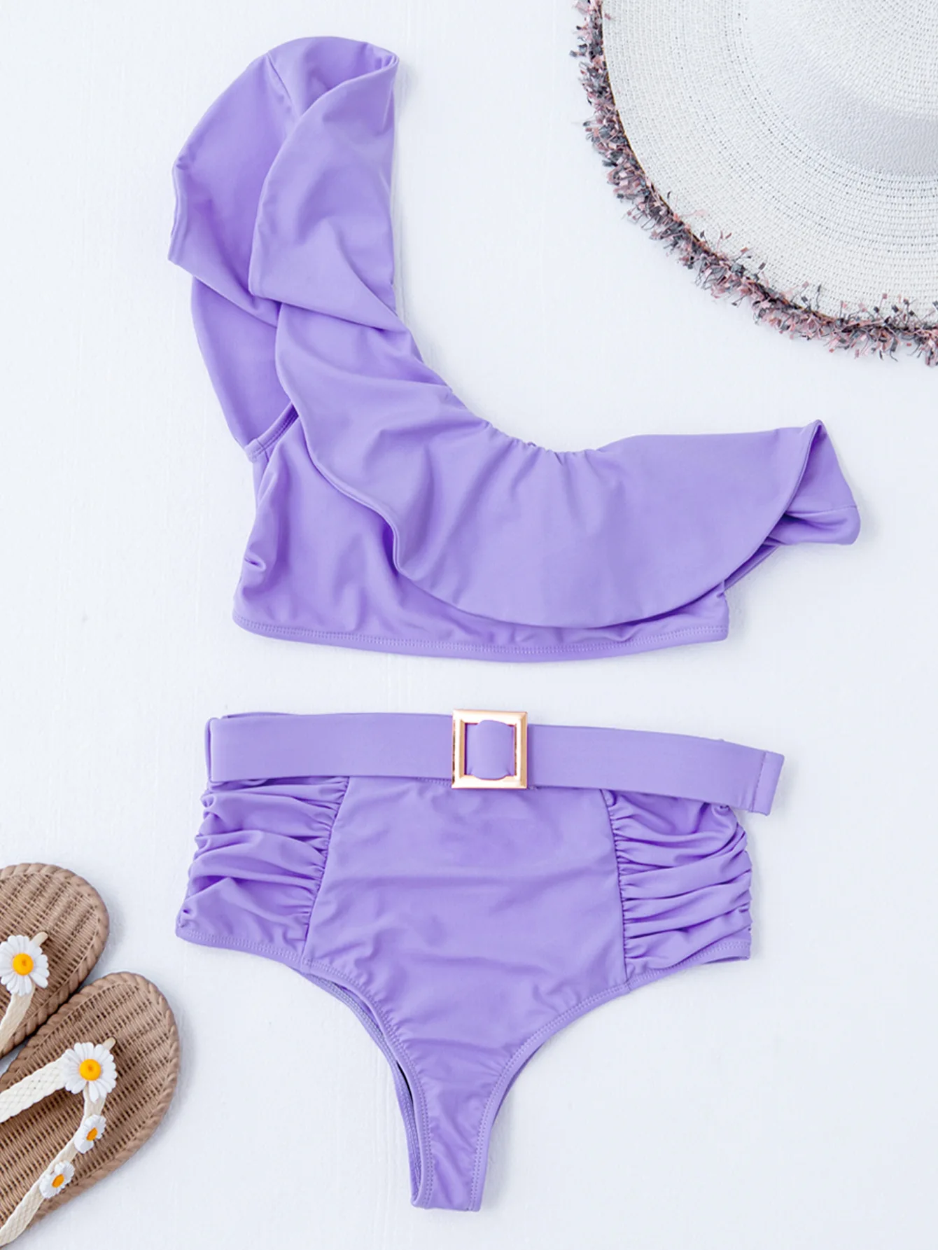 2022 Latest Design One Shoulder Two Piece Swimsuit Bikini Nylon High Waist Solid Color Beach Swimwear