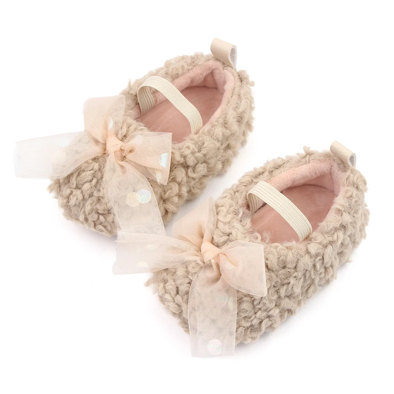 Baby Infant Toddler Girls Cotton Soft Sole Plush Bow Flower Slippers Slip on Mary Jane  Dress Shoes Princes Shoes Gift manufacture