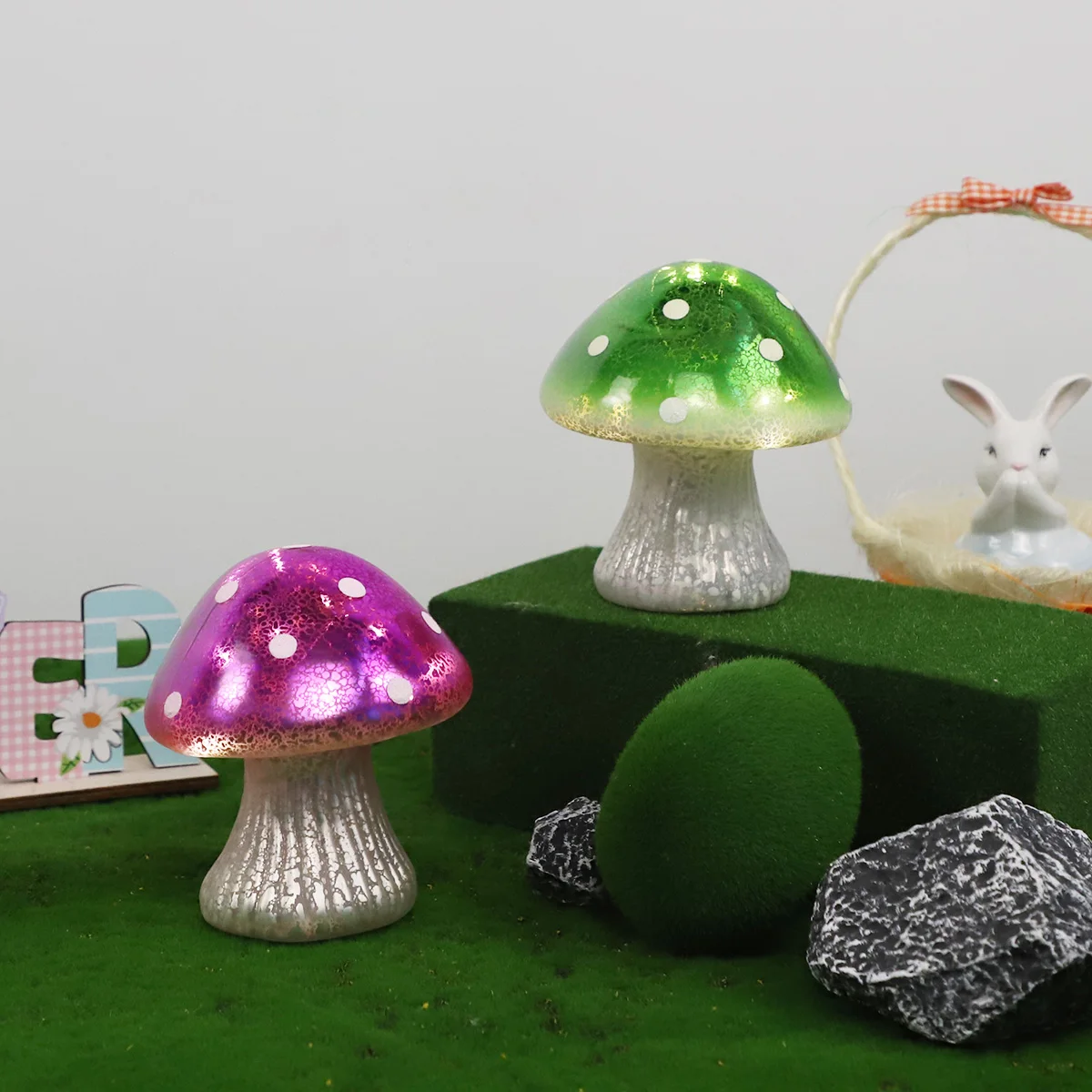 Wholesale Delicate Nordic Small Glass Mushroom Shaped Colored Battery Operated LED Light Lamp Ornaments Easter Spring Decoration factory