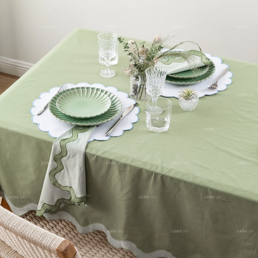 Tablecloth Linens Embroidery Handmade Boho Scallop Trim Clothing Manufacturers Table Cloth Protector Cover for Home Decor