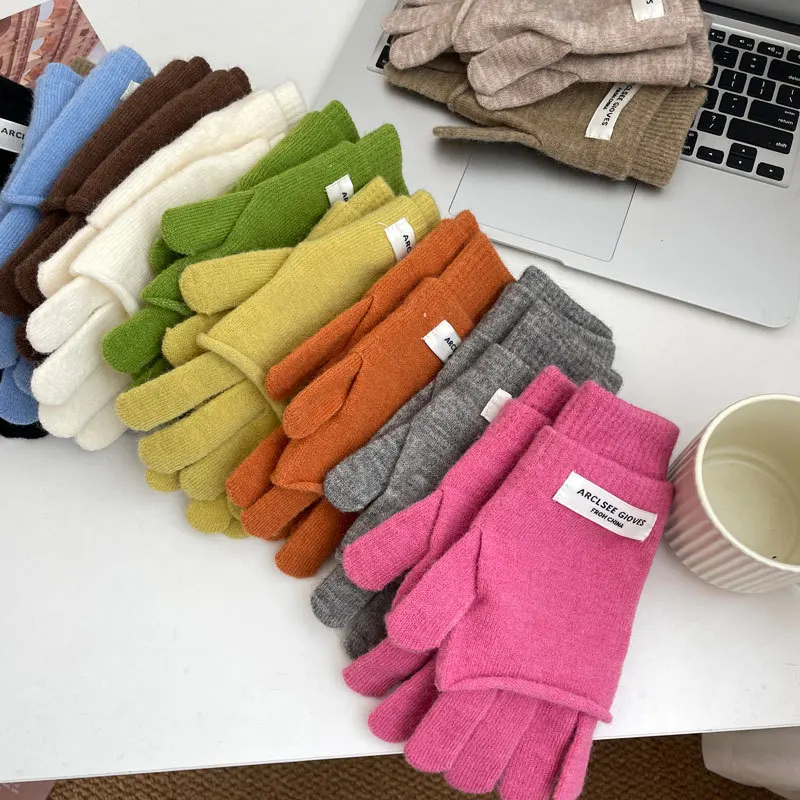 Осенние и зимние однотонные перчатки с пятью пальцами Теплые трикотажные