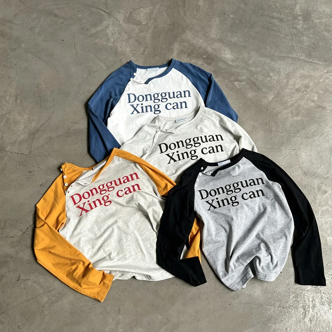 Fabriek groothandel raglan langmou-T-shirt vir mans, vintage kontras kleur T-shirt met applikasieletters en raglan-mou, aangepas merklogo, OEM