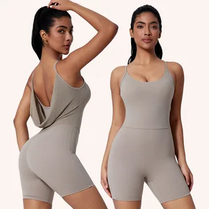 Wholesale Women's Sexy Backless Jumpsuit Tight Sports Shorts Yoga Fitness Running Outfits Summer Workout Bodysuits