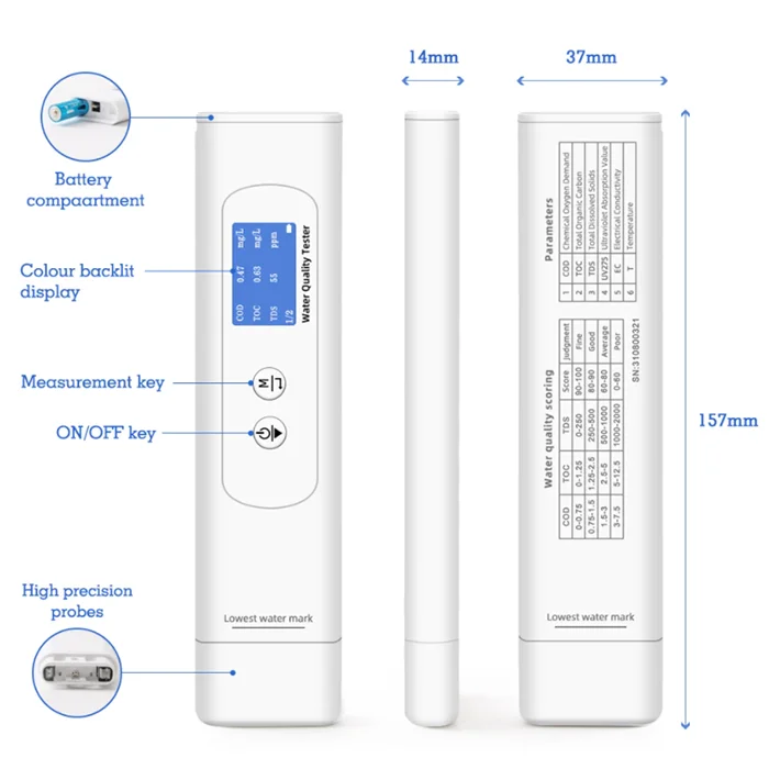 Testeur D'eau 6 En 1 RYAKKA – Analyse TOC, COD, TDS, UV, EC Et Température Pour Vérifier La Qualité De Ton Eau Du Robinet, Puits Ou Bouteille ! - 5