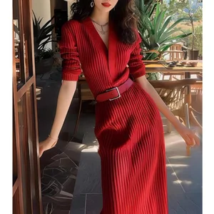 Autumn Winter Latest Design Women Fashion V-Neck Bodycon Knitted Women Elegant Casual Midi Dresses
