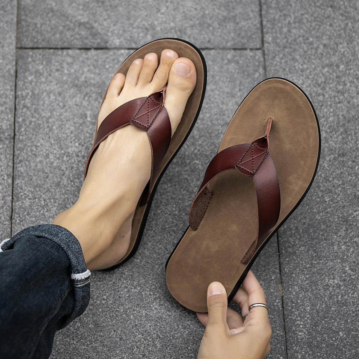 Men's Soft Sole Leather Flip Flops Summer Outdoor Sandals Genuine Leather  Lining Comfortable Massage Beach and Indoor Slipper