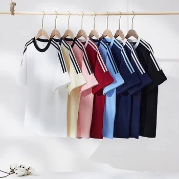 250g cotton three stripes American retro heavy off shoulder short sleeve couple solid color casual all-matching cotton T-shirt