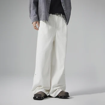 New Summer Men's Retro Straight Loose Slimming Look Brand White Jeans High Street American Style Wide Leg Long Pants Denim