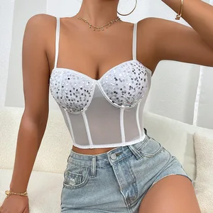 BOON Women's Sexy Corset Top Ruffled Trim Rhinestone Accents Breathable Spandex/Polyester Blend Fitted Waist Design