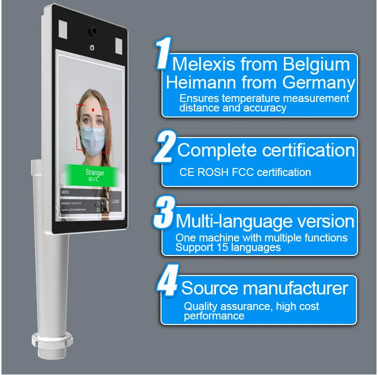Système d'instruments de test de la température corporelle, 8 pouces, 10 pièces, reconnaissance faciale, avec caméra thermique, thermomètre