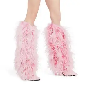 BUSY GIRL RY9503 New Style Pointed Toe Stiletto Heel Super High Heel Ostrich Feather Oblique Sleeve Large Size Fur Boots