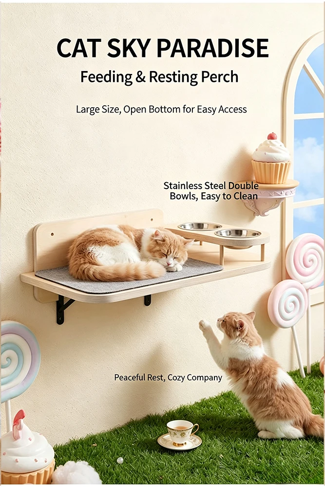 product wall hanging wooden cat furniture combination sleeping platform double feeder bowl wall scene decor multi function-2