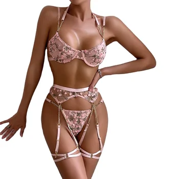 Wholesale Three-Piece Sexy Chain Embroidered Girl Flower Underwire Lingerie Set See-Through Bra Supply Lingerie