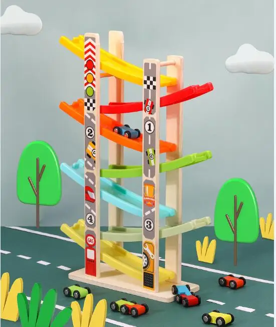 Hot Sale Preshcool Wooden Toy Car Ramp for Toddlers Montessori Fun Car Speed Racing Track Car Games Toy Set