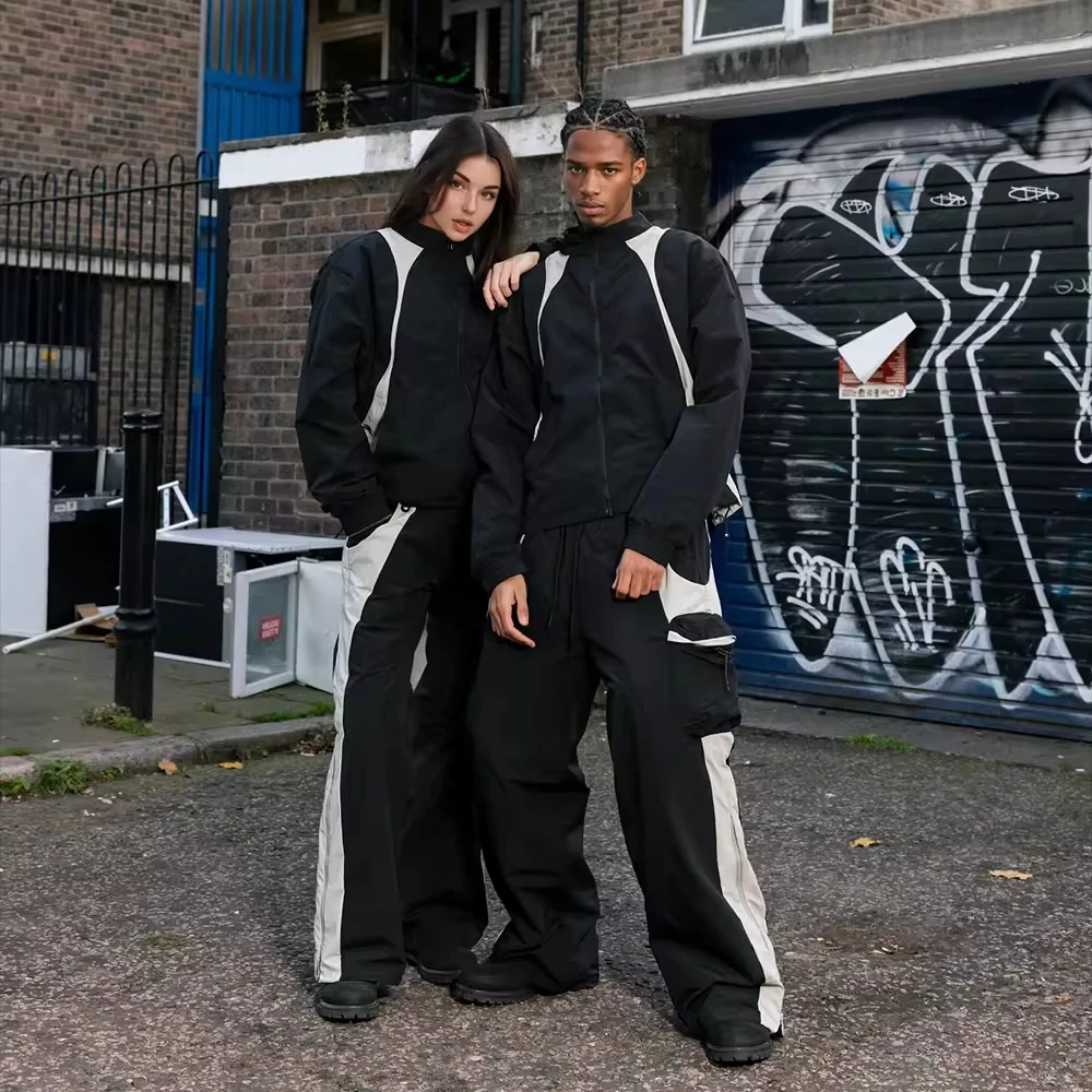 Custom Men's Women's Polyester Jogger Gym Sets Unisex Nylon Track Suit Zip Patchwork Jacket Pants Printed OEM Track Suits gallery 7