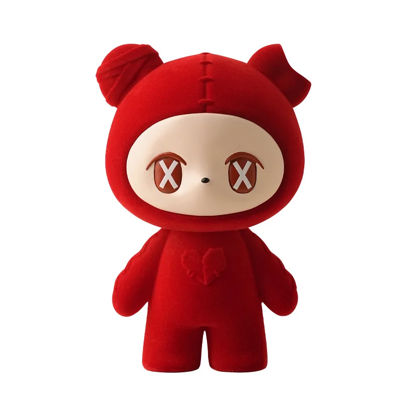 Two Cute Flocked Bear Figurines Red and Pink Tones Kawaii Style Modern Home Decor Living Room Desk Collectible Ornament Set
