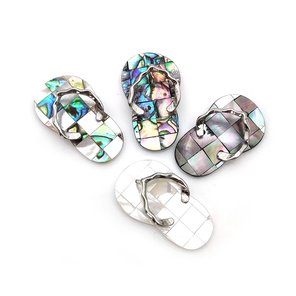 Boho Jewelry Flip Flops Black Shell Pendant Abalone Seashell White Gems Charms Silver Plated Slipper for Unisex Necklace Making